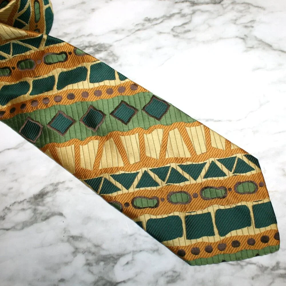 VINTAGE OLEG CASSINI Necktie Abstract Green Yellow Stripe Neck Tie Accessory
